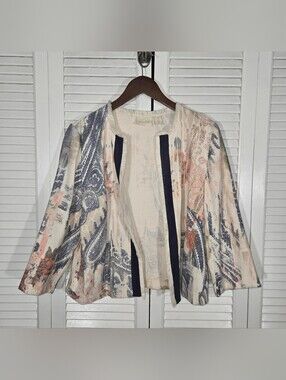 Chicos Watercolor Paisley Print Open Front lightweight Woven Jacket Sz 1
